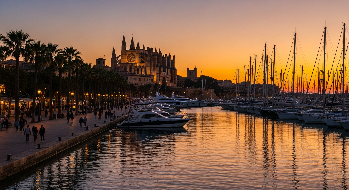 AI_IMAGE: Panoramic view of Palma de Mallorca waterfront at golden hour, with the iconic cathedral silhouetted against a warm sunset sky, luxury yachts in the harbor, palm tree-lined promenade, reflections on calm Mediterranean water, sophisticated and inviting atmosphere | photorealistic | landscape
