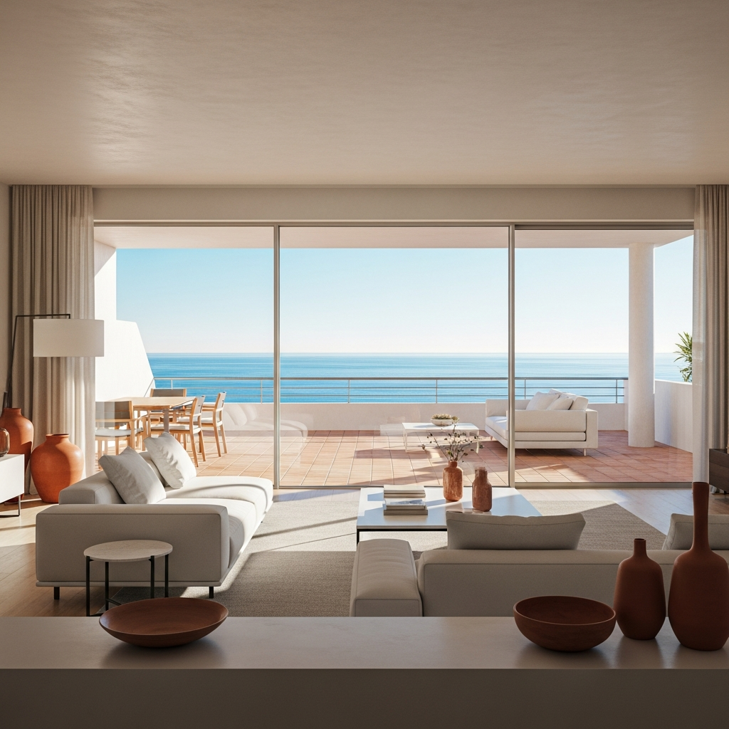 AI_IMAGE: A modern Mediterranean apartment interior with floor-to-ceiling windows overlooking a terrace with sea views, minimalist white furniture, natural light flooding in, terracotta accent pieces, clean architectural lines, warm and luminous atmosphere | photorealistic | square