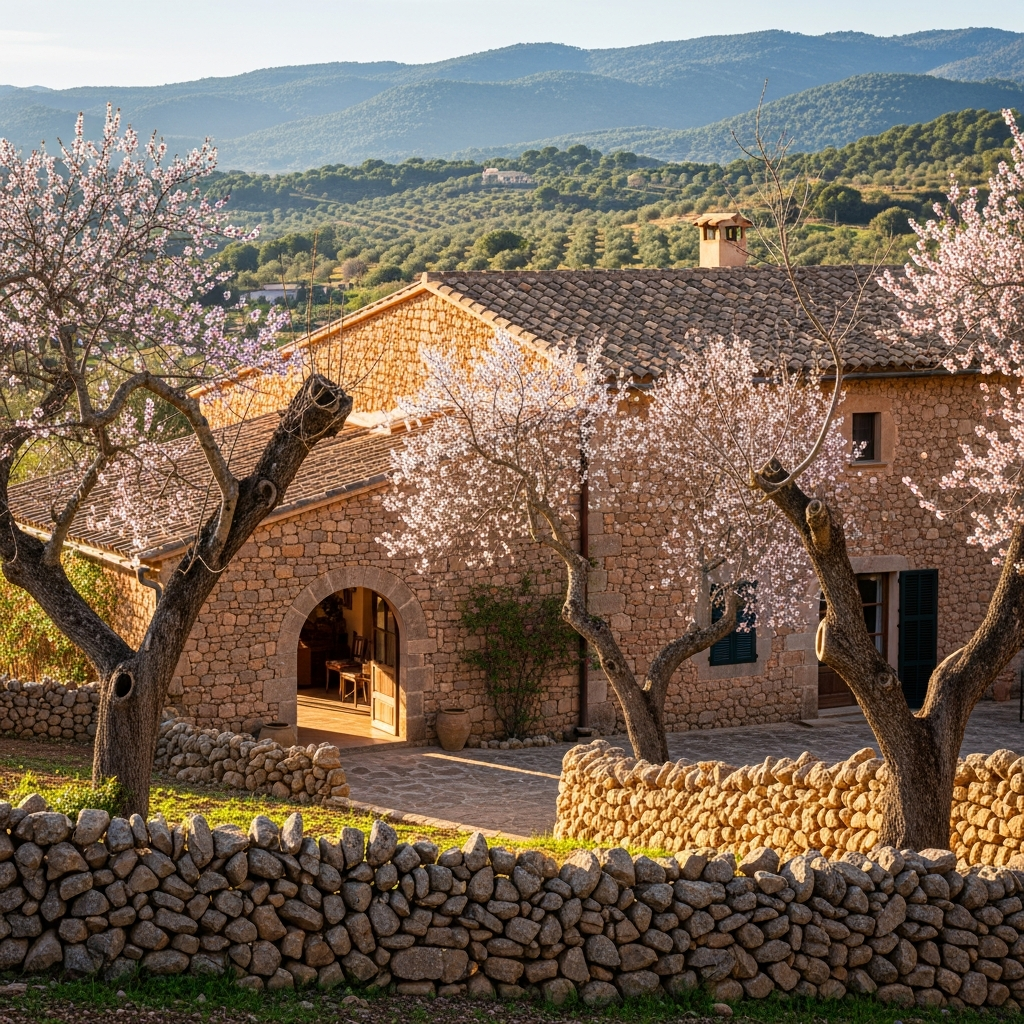 AI_IMAGE: A traditional Mallorcan finca with rustic stone walls, wooden beam ceiling visible through an arched doorway, surrounded by almond trees and dry stone walls, rolling hills in the background, warm earthy tones, authentic rural Mediterranean character | photorealistic | square