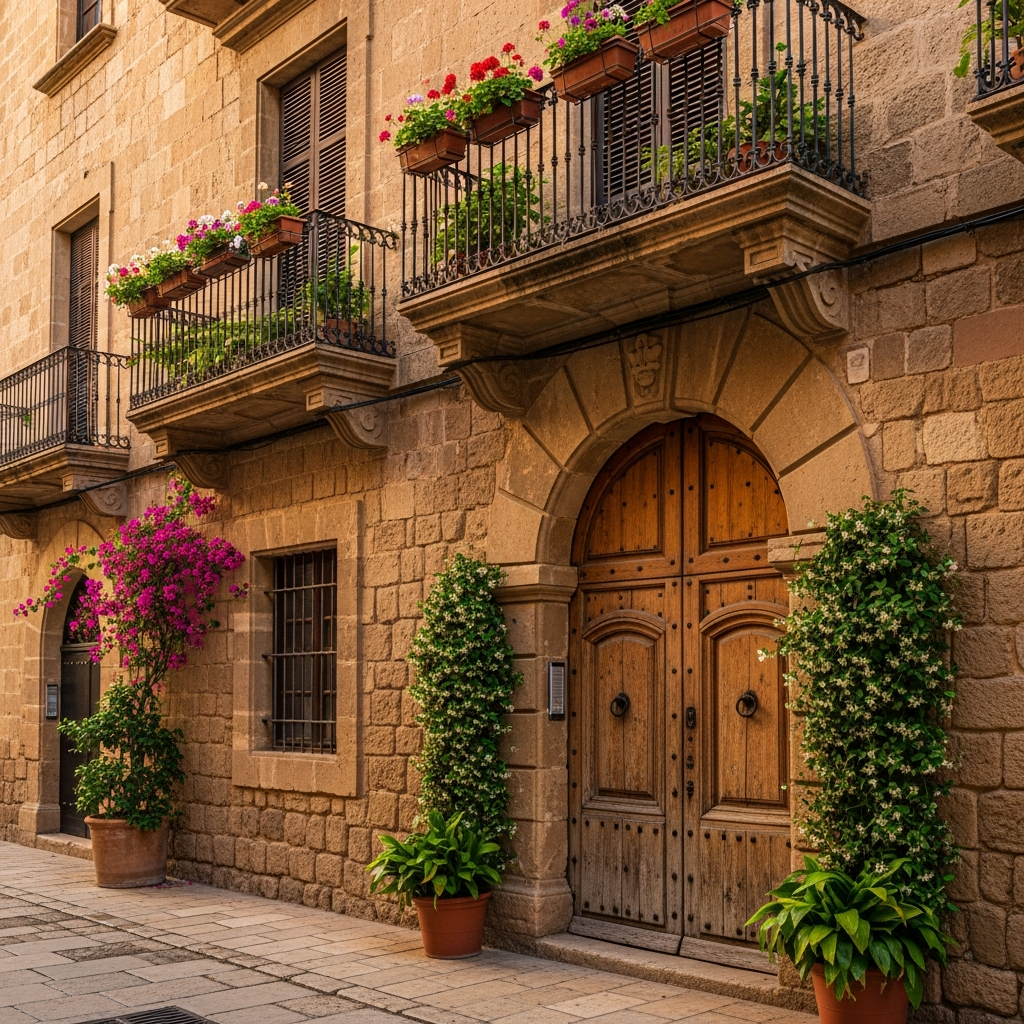 AI_IMAGE: A charming Mallorcan townhouse facade in old Palma with ornate iron balconies, weathered sandstone walls, tall wooden double doors, potted plants and climbing jasmine, narrow cobblestone street, warm afternoon light, elegant and historic atmosphere | photorealistic | square