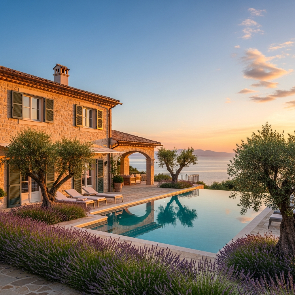 AI_IMAGE: A luxury Mediterranean villa exterior with infinity pool overlooking the sea, surrounded by mature olive trees and lavender gardens, honey-colored stone facade, traditional shuttered windows, sunset golden light, architectural elegance and tranquility | photorealistic | square