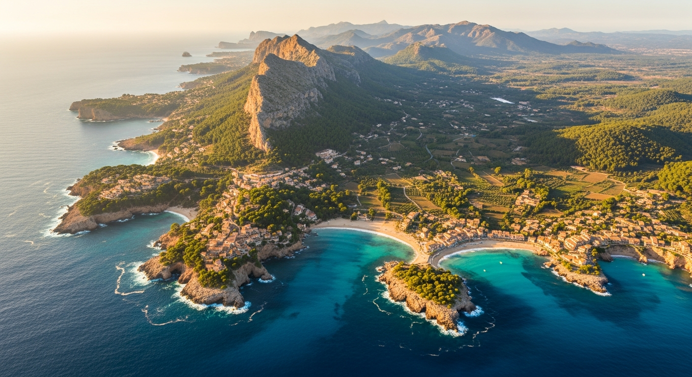 AI_IMAGE: Aerial view of Mallorca island from above showing the diverse coastline, turquoise Mediterranean waters, green interior valleys, Serra de Tramuntana mountains, small villages dotted across the landscape, warm golden light, cartographic quality with natural colors, serene and expansive feel | photorealistic | landscape