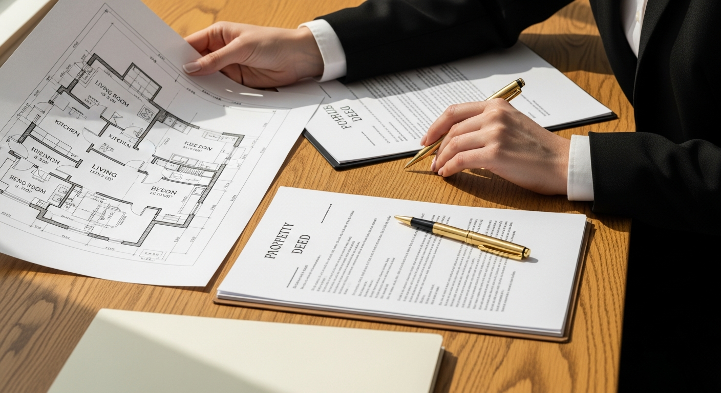 AI_IMAGE: Close-up of professional hands reviewing architectural floor plans and property documents on a warm oak desk, a gold pen resting beside the papers, soft natural light from a window, neutral cream and warm tones, clean and organized workspace feel | photorealistic | landscape
