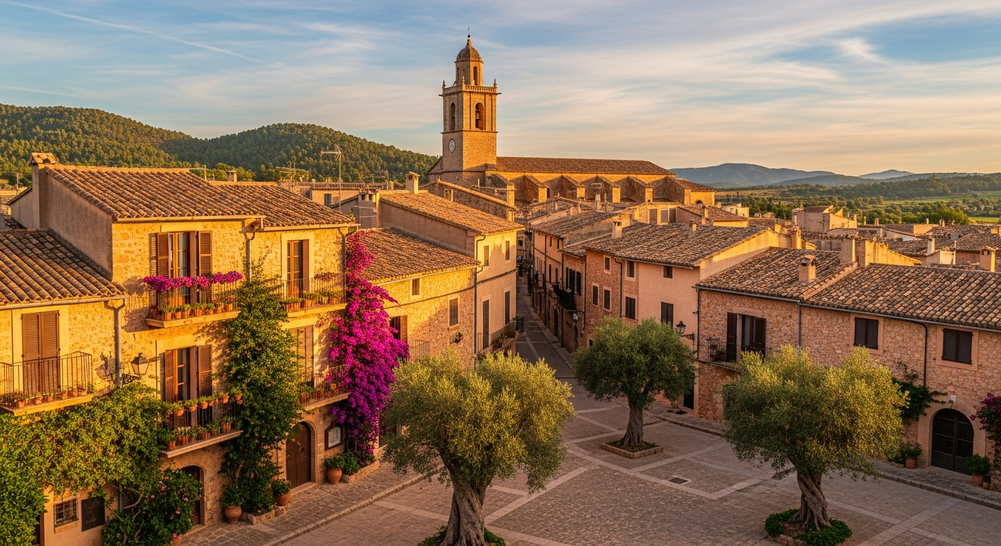 AI_IMAGE: Panoramic view of a charming Mallorcan village with honey-colored stone buildings, narrow cobblestone streets, Mediterranean vegetation including olive trees and bougainvillea, church bell tower in the background, warm late afternoon light casting long shadows, idyllic and authentic atmosphere | photorealistic | landscape