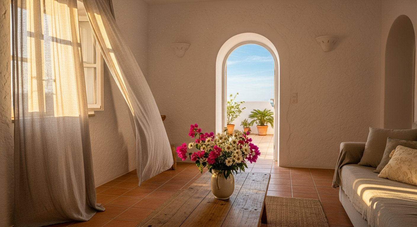 AI_IMAGE: A bright Mediterranean living room interior with whitewashed walls, terracotta floor tiles, an arched doorway revealing a sunlit terrace, fresh flowers on a rustic wooden table, linen curtains gently blowing, warm golden light streaming in, staging and real estate photography feel | photorealistic | landscape