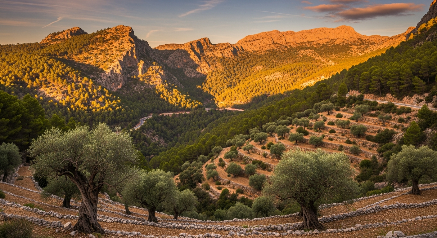 AI_IMAGE: Stunning vista of the Serra de Tramuntana mountain range in Mallorca at golden hour, ancient olive groves on terraced hillsides with dry stone walls, winding mountain road visible in the distance, Mediterranean pine forests, warm amber light casting dramatic shadows across the rugged landscape, serene and majestic atmosphere | photorealistic | landscape